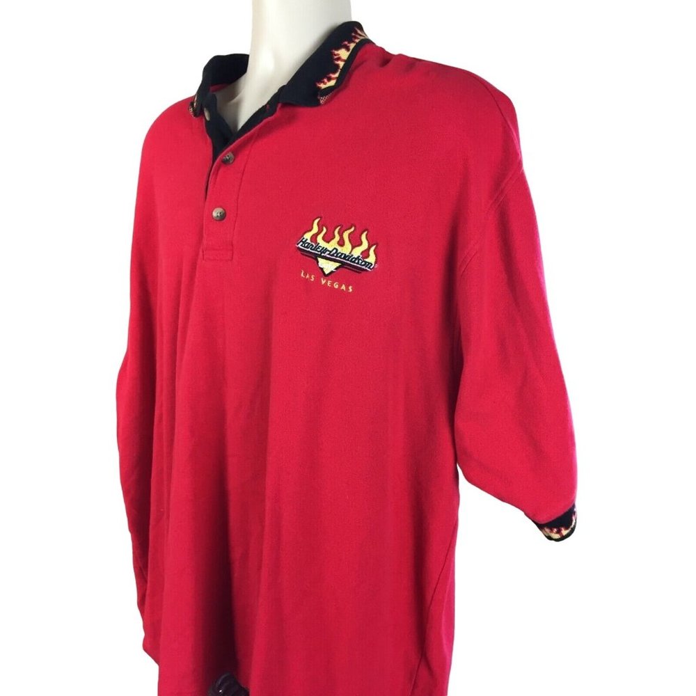 Vintage 90''s Harley Davidson Las Vegas Cafe Flames Polo Shirt Size XL Q29